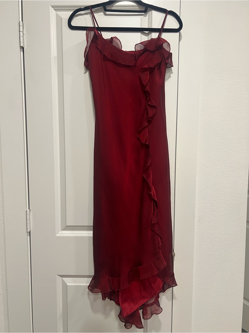 Alyn Paige Wine Red Asymmetrical Ruffle Slip Dress
